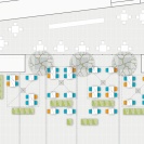 <p>
Twins – design of a development of the outdoor café,<br />
outdoor café on Hoover Square<br />
top to bottom: technical drawing, cross section, visualization / 2010–2011</p>